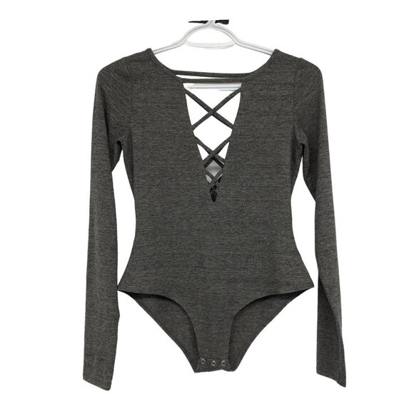 Chaser Grey Heathered Long Sleeve Criss Cross Body Suit size S - Picture 2 of 16